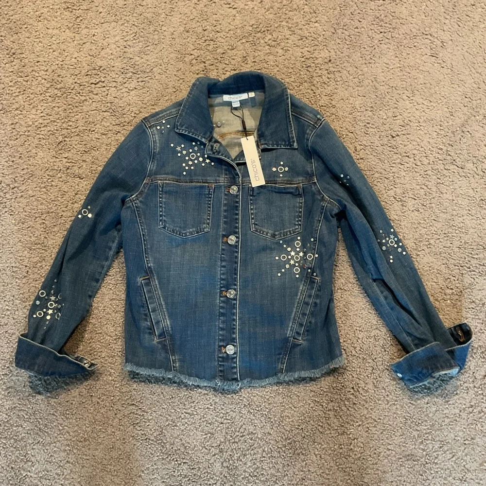 NWT Chico’s Silver Studded Denim Jean Jacket Y2K Blue sz Small - Picture 5 of 6